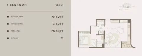 Floor plan, 1 Bed, 732 sq ft