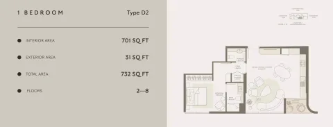 Floor plan, 1 Bed, 732 sq ft