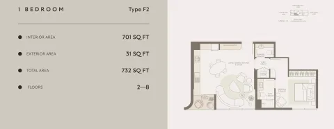 Floor plan, 1 Bed, 732 sq ft