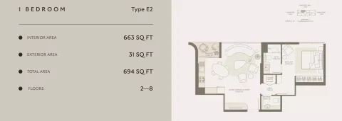 Floor plan, 1 Bed, 694 sq ft