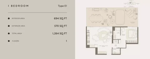 Floor plan, 1 Bed, 1,264 sq ft