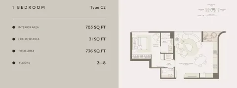 Floor plan, 1 Bed, 736 sq ft