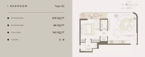 Floor plan, 1 Bed, 742 sq ft