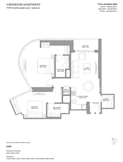 Floor plan, 2 Beds, 973 sq ft