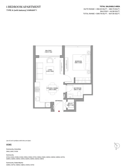Floor plan, 1 Bed, 507 sq ft