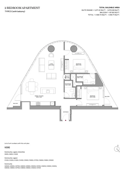 Floor plan, 2 Beds, 1,159 sq ft