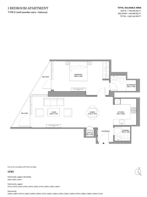 Floor plan, 1 Bed, 838 sq ft