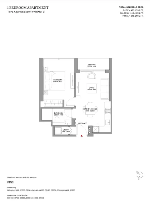 Floor plan, 1 Bed, 520 sq ft