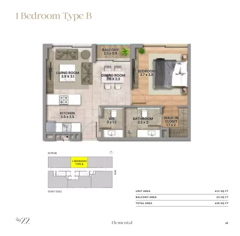 Floor plan, 1 Bed, 638 sq ft