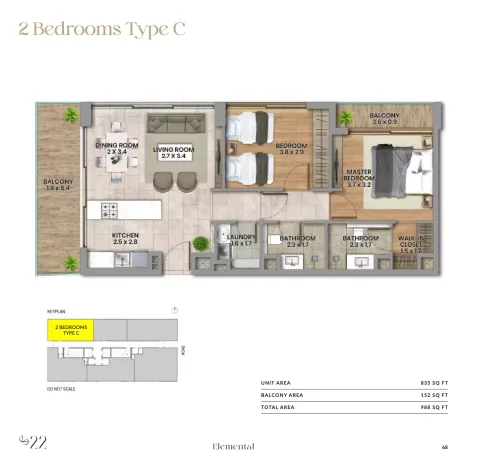 Floor plan, 2 Beds, 988 sq ft