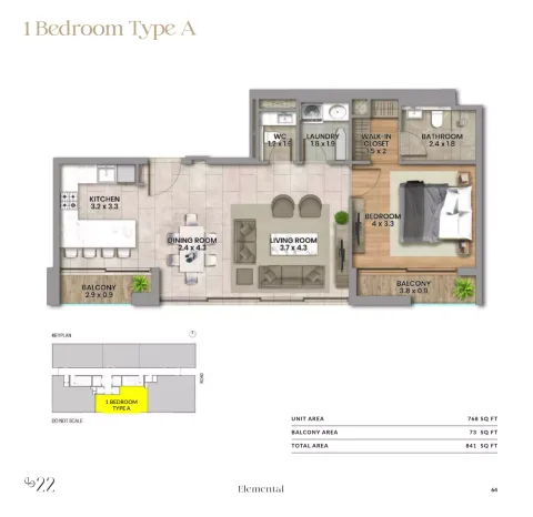 Floor plan, 1 Bed, 841 sq ft