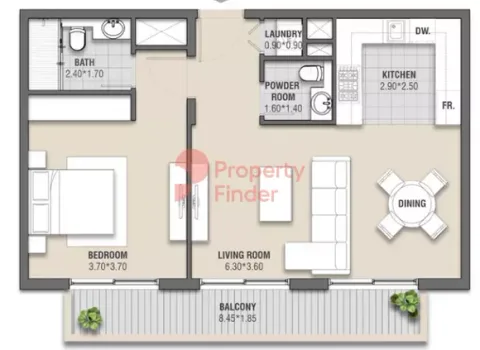 Floor plan, 1 Bed, 858 sq ft