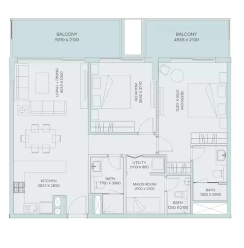 Floor plan, 2 Beds, 1,166 sq ft