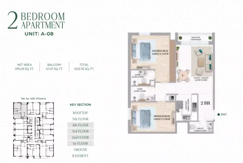 Floor plan, 2 Beds, 1,023 sq ft