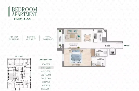 Floor plan, 1 Bed, 744 sq ft