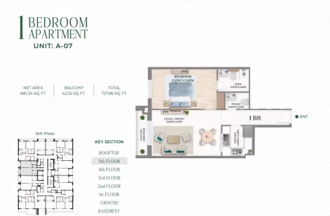 Floor plan, 1 Bed, 727 sq ft