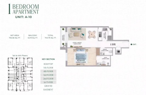 Floor plan, 1 Bed, 744 sq ft