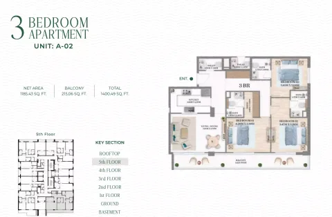 Floor plan, 3 Beds, 1,400 sq ft