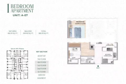 Floor plan, 1 Bed, 692 sq ft