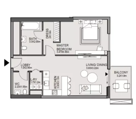 Floor plan, 1 Bed, 645 sq ft