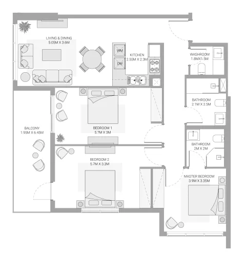 Floor plan, 3 Beds, 1,288 sq ft