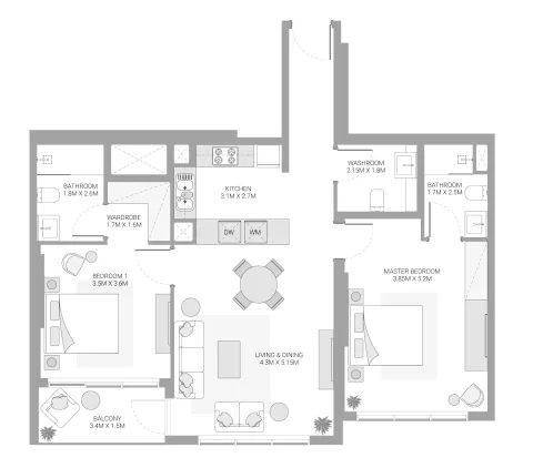 Floor plan, 2 Beds, 1,076 sq ft