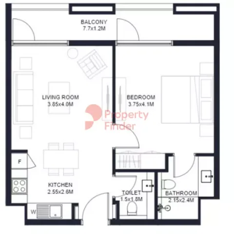 Floor plan, 1 Bed, 692 sq ft