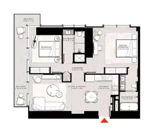 Floor plan, 2 Beds, 1,228 sq ft