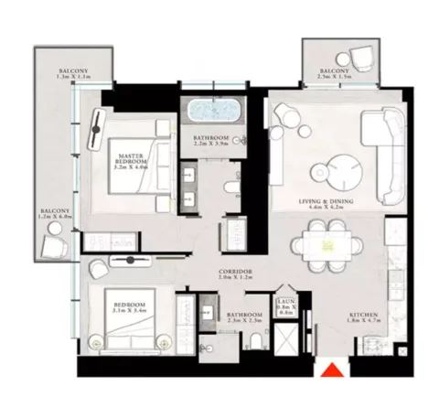 Floor plan, 2 Beds, 1,221 sq ft