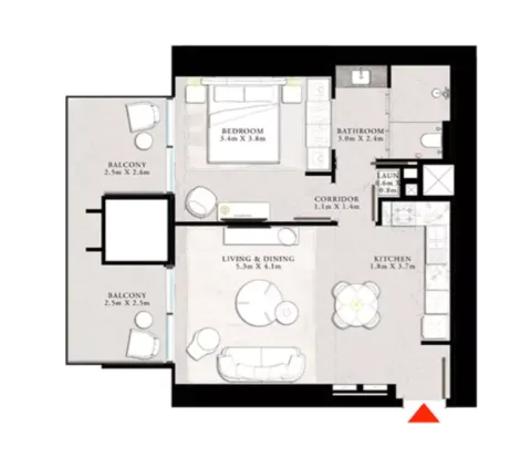 Floor plan, 1 Bed, 871 sq ft