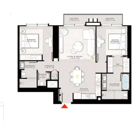 Floor plan, 2 Beds, 1,275 sq ft