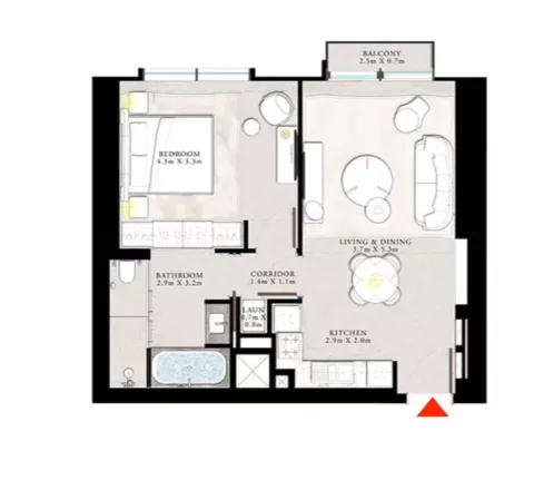 Floor plan, 1 Bed, 729 sq ft