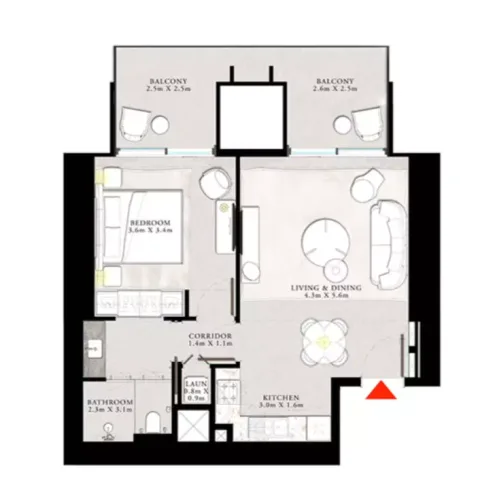 Floor plan, 1 Bed, 824 sq ft