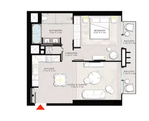 Floor plan, 1 Bed, 914 sq ft