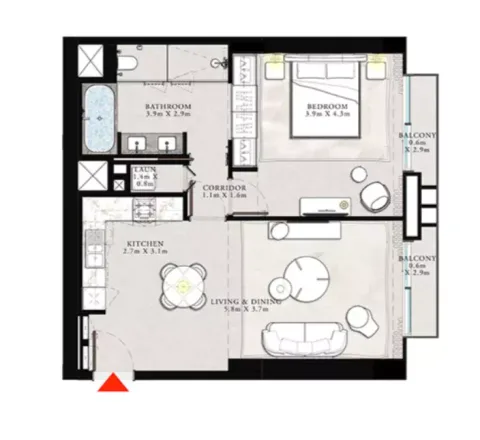 Floor plan, 1 Bed, 873 sq ft