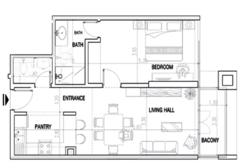 Floor plan, 1 Bed, 680 sq ft