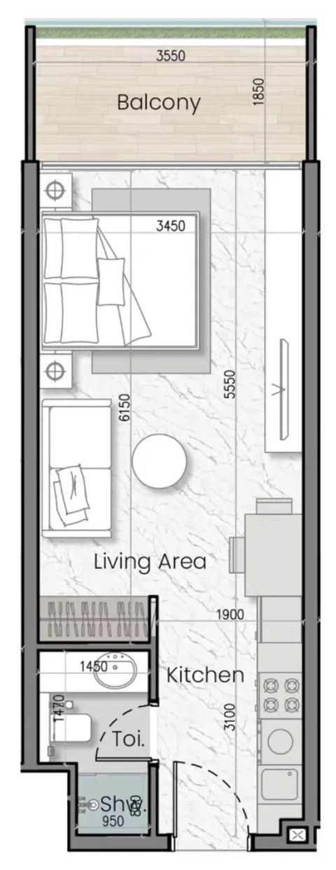 Floor plan, Studio, 411 sq ft
