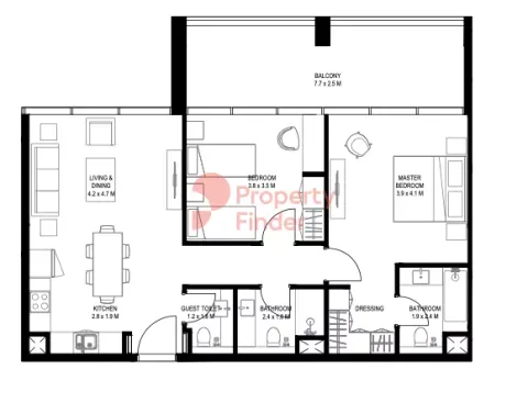 Floor plan, 2 Beds, 1,487 sq ft