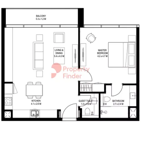 Floor plan, 1 Bed, 1,066 sq ft