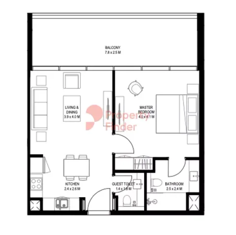 Floor plan, 1 Bed, 1,066 sq ft