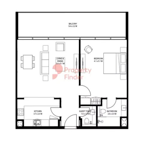 Floor plan, 1 Bed, 1,066 sq ft