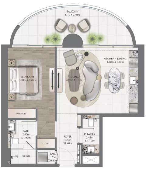 Floor plan, 1 Bed, 843 sq ft