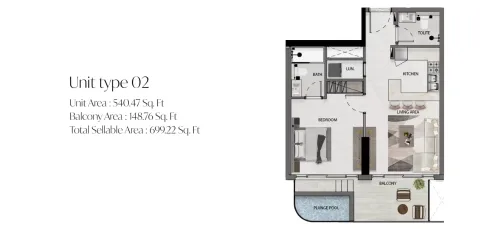 Floor plan, 1 Bed, 699 sq ft