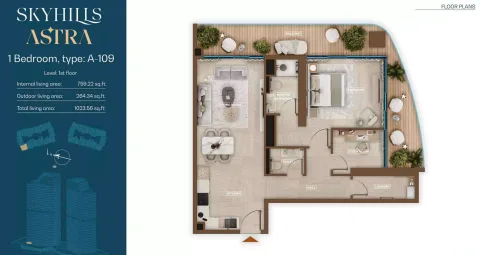Floor plan, 1 Bed, 1,024 sq ft