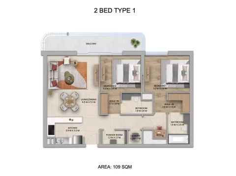 Floor plan, 2 Beds, 1,173 sq ft