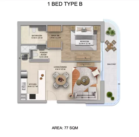 Floor plan, 1 Bed, 828 sq ft