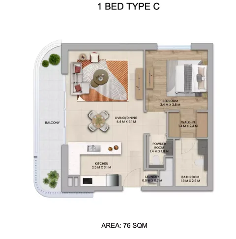 Floor plan, 1 Bed, 818 sq ft