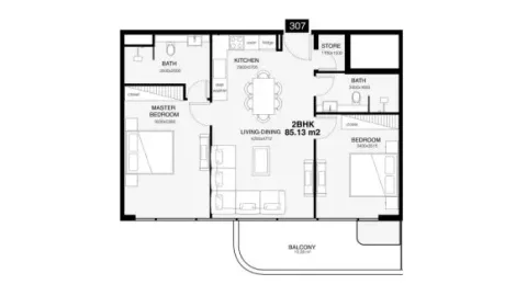 Floor plan, 2 Beds, 1,054 sq ft