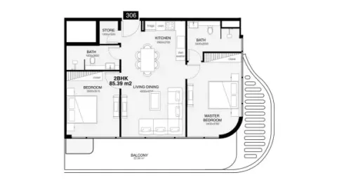 Floor plan, 2 Beds, 1,076 sq ft