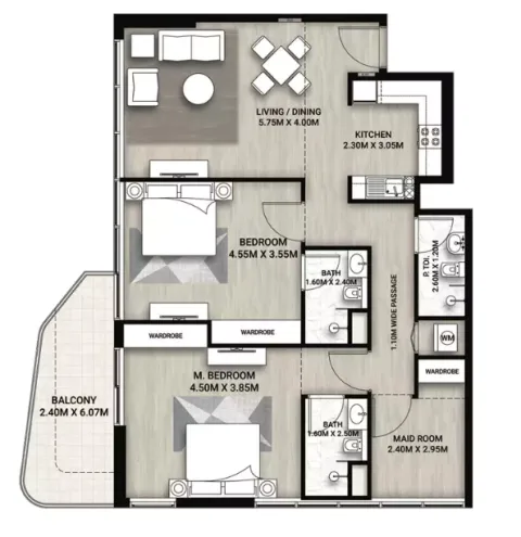 Floor plan, 2 Beds, 1,252 sq ft
